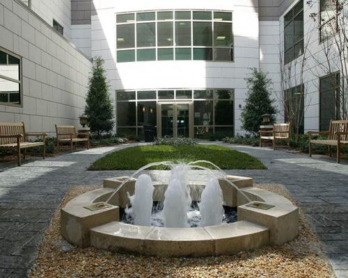 Exterior photo of water fountain in a garden at Baptist Medical Center South